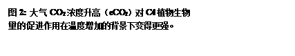 文本框: 图2: 大气CO2浓度升高(eCO2)对C4植物生物量的促进作用在温度增加的背景下变得更强。